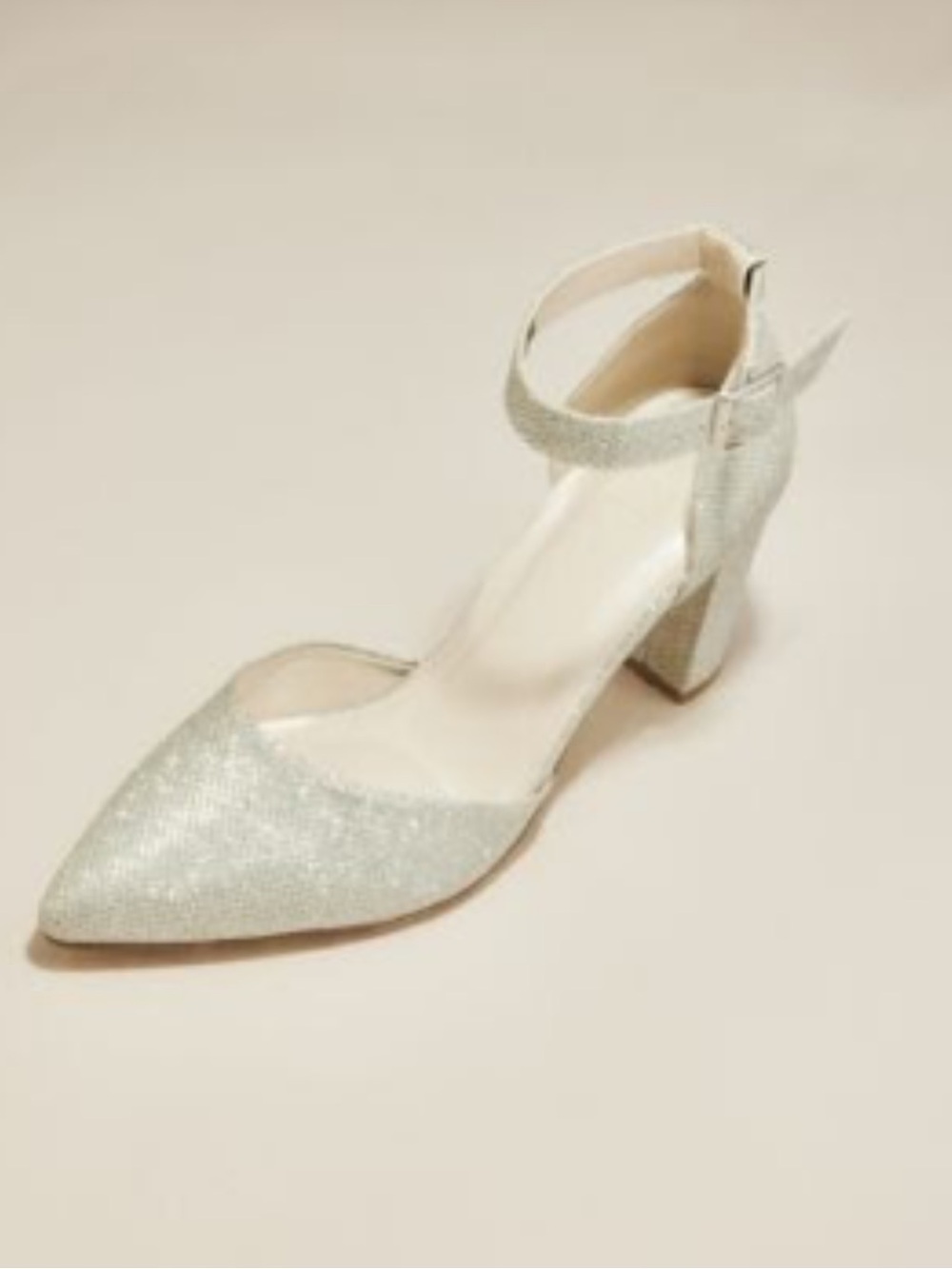 NWT David’s Bridal Silver Glitter Pointed Toe Block Heels with Ankle Strap